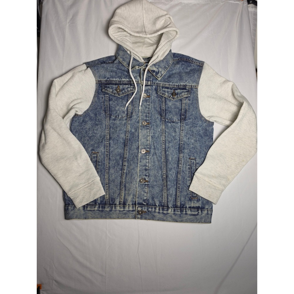 Brooklyn Cloth Mens XL Acid Wash Blue Denim Jacket Grey Jersey Hooded Sleeves